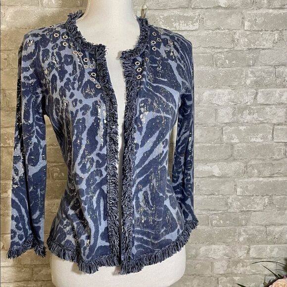 Chicos Foiled Animal Frankie Fringe Cardigan Blue - Picture 6 of 9